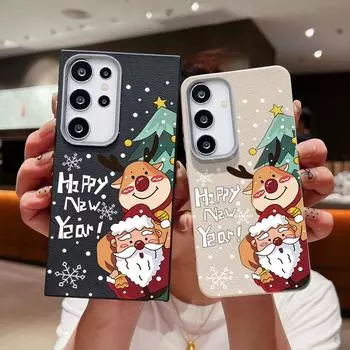Рождественский чехол с текстурой из кожи Санта-Клауса и лося для Samsung S24 S22 Ultra S23 S21 S20 Fe A55 A54 A53 A52 A35 A34 A15, противоударный, мягкий, из ТПУ, тонкий чехол Samsung S24 FE чёрный