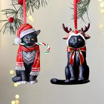 Рождественский черный кот подвесное украшение рождественская елка подвесная шапка Санты рог лося кошачий орнамент праздничная вечеринка сидящее животное смоляная подвеска 10cm