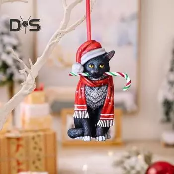 Рождественский черный кот подвесное украшение рождественская елка подвесная шапка Санты рог лося кошачий орнамент праздничная вечеринка сидящее животное смоляная подвеска 10cm