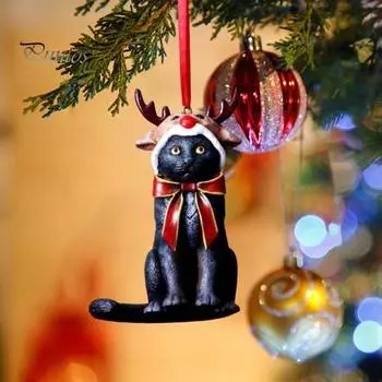 Рождественский черный кот подвесное украшение рождественская елка подвесная шапка Санты рог лося кошачий орнамент праздничная вечеринка сидящее животное смоляная подвеска 10cm