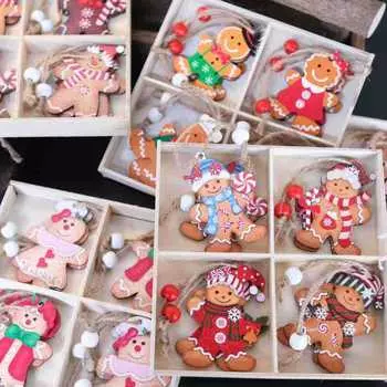 Рождественский четырехсетчатый пряничный человечек, деревянная подвеска, украшение на рождественскую елку, подарочная коробка, украшение на витрину J08 Four Grid Blue