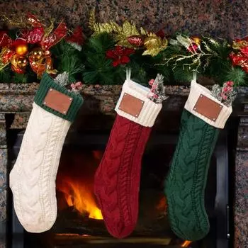 Рождественский чулок, большой вязаный подвесной рождественский чулок с заплатками из искусственной кожи, украшение на рождественскую елку для праздничного домашнего декора красный