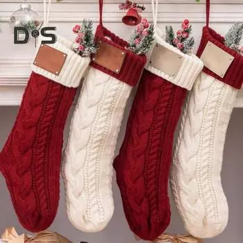 Рождественский чулок, большой вязаный подвесной рождественский чулок с заплатками из искусственной кожи, украшение на рождественскую елку для праздничного домашнего декора красный