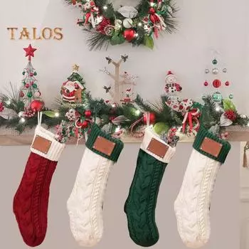 Рождественский чулок, большой вязаный подвесной рождественский чулок с заплатками из искусственной кожи, украшение на рождественскую елку для праздничного домашнего декора красный