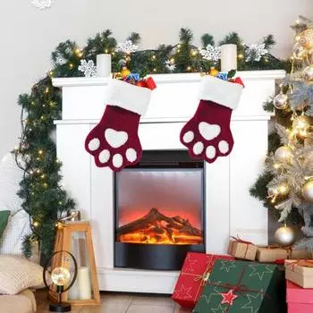 Рождественский чулок для рождественского камина, праздничный носок в форме лапы питомца с плюшевой манжетой для украшения дома серый