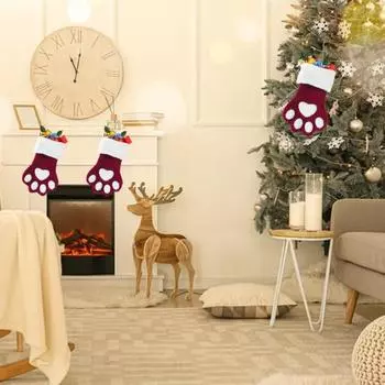 Рождественский чулок для рождественского камина, праздничный носок в форме лапы питомца с плюшем красный