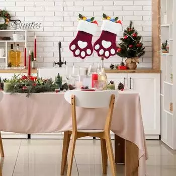 Рождественский чулок для рождественского камина, праздничный носок в форме лапы питомца с плюшевой манжетой для украшения дома красный