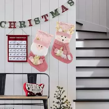 Рождественский чулок с розовыми блестками, плюшевый чулок для подвешивания, снеговик, лось, Санта-Клаус, мешок с конфетами, рождественский чулок для украшения каминной полки на елке Elk