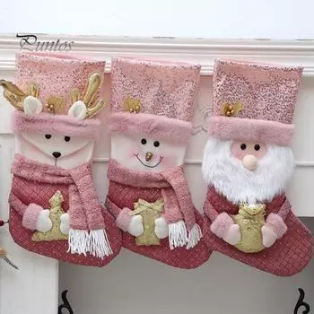 Рождественский чулок с розовыми блестками, плюшевый чулок для подвешивания, снеговик, лось, Санта-Клаус, мешок с конфетами, рождественский чулок для украшения каминной полки на елке Santa Claus