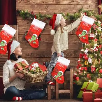 Рождественский чулок со шнурком большой емкости, яркий цвет, мультяшный принт, подвесное украшение для рождественской елки красный