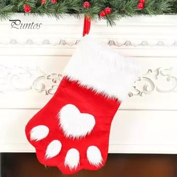 Рождественский чулок в форме лапки питомца с белой пушистой манжетой, украшение для праздничного камина красный