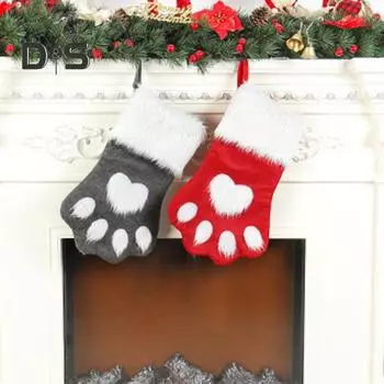 Рождественский чулок в форме лапки питомца с белой пушистой манжетой, украшение для праздничного камина красный