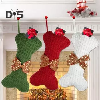 Рождественский чулок, вязаный чулок в форме кости с бантом, рождественский камин, подвесные носки, украшение на елку, чулок для хранения игрушек и угощений для собак зелёный