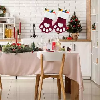 Рождественский чулок Yousheng, рождественский каминный подвесной чулок, праздничный носок в форме лапы питомца с плюшевой манжетой для украшения дома красный