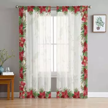 Рождественский цветок сосны, сосновая шишка, оконные тюлевые шторы для гостиной, кухни, Рождественский домашний декор, прозрачные шторы из вуали 135W x 114H(cm)