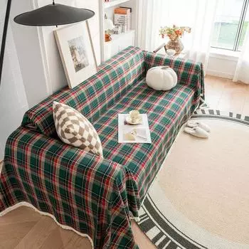 Рождественский декор, чехол для дивана, полотенце, винтажный, красный, зеленый, клетчатый, многофункциональный, с кисточками, чехол для полотенца, подушка для сидения на диване 3-х местный 180x180cm