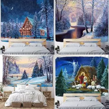 Рождественский деревенский бревенчатый дом, гобелен в стиле льда и снега, настенный рождественский гобелен, домашние рождественские подарки 100x75cm