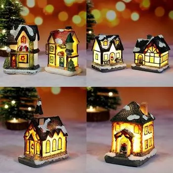 Рождественский деревенский дом, маленький домик из смолы, веселые рождественские украшения, светодиодные фонари, деревенский дом, новогодние рождественские украшения