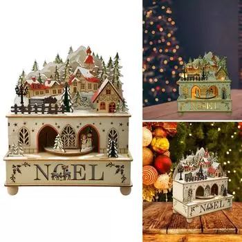 Рождественский деревянный деревенский домик, заводная вращающаяся музыкальная шкатулка со светодиодной подсветкой, фигурка снеговика, анимированное настольное украшение, подарок