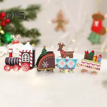 Рождественский деревянный набор для декора поезда DIY Мини-рождественский домик на елке Фигурки оленей Набор поездов 4-секционный игрушечный поезд для украшения дома белый