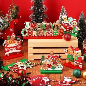 Рождественский деревянный орнамент, настольный знак в виде пряничного человечка, праздничный центральный элемент, украшение в виде пряничного человечка для декора стола на рождественскую вечеринку A