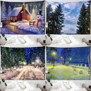 Рождественский дом гобелен прекрасный маленький снеговик настенный праздничный подарок мультфильм психоделический лес ночной вид домашний декор 100x75cm