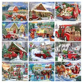 Рождественский дом Красный грузовик Алмазная картина Новые поступления Санта-Клаус Diy Полный квадратный круглый дрель Стразы Вышивка Собаки Мозаика Наборы для вышивки крестом Square drill 30x40cm