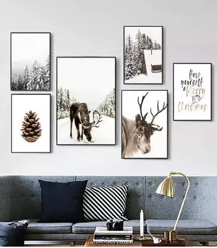 Рождественский домашний декор, постер, зимние картины с лосями, сосновая шишка, картина, скандинавская настенная живопись, холст, картина, украшение для гостиной, без рамки 21*30cm
