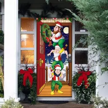 Рождественский дверной чехол с красочным принтом, Рождественское украшение для двери, фон, декор для передней двери, праздничные, праздничные, рождественские товары для вечеринок A