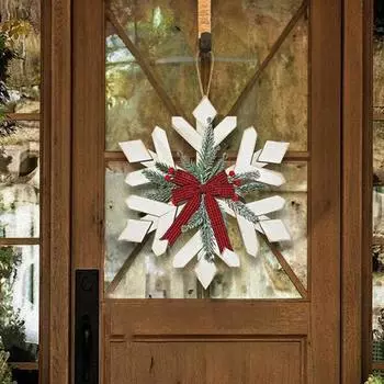 Рождественский дверной знак, украшение, деревенская деревянная снежинка, искусственная сосновая ветка, бант, венок, входная дверь, вешалка для зимней стены, крыльца, фермерского дома белый