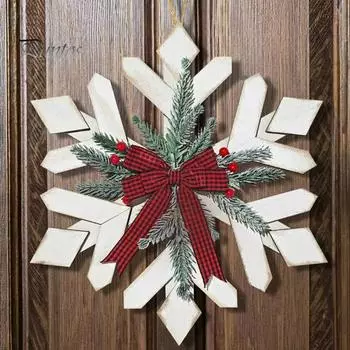 Рождественский дверной знак, украшение, деревенская деревянная снежинка, искусственная сосновая ветка, бант, венок, входная дверь, вешалка для зимней стены, крыльца, фермерского дома белый