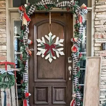 Рождественский дверной знак, украшение, деревенская деревянная снежинка, искусственная сосновая ветка, бант, венок, входная дверь, вешалка для зимней стены, крыльца, фермерского дома белый
