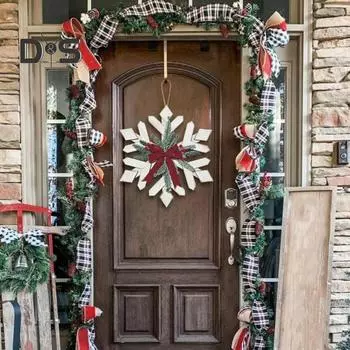 Рождественский дверной знак, украшение, деревенская деревянная снежинка, искусственная сосновая ветка, бант, венок, входная дверь, вешалка для зимней стены, крыльца, фермерского дома белый