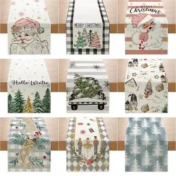 Рождественский флаг на стол льняная двойная напечатанная праздничная кухонная декоративная скатерть маленькая 33cmx180cm ZQ26-1