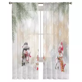 Рождественский фон со снеговиком, тюлевая занавеска для гостиной, спальни, кухни, украшение, оконная вуаль, тюлевая занавеска 135W x 114H(cm)