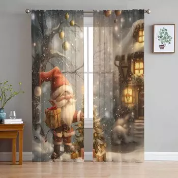 Рождественский гном лес снежная сцена мультфильм шторы для гостиной спальни украшение дома окна вуаль тюль занавески драпировки W135 x H114cm