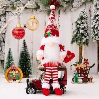 Рождественский гном, плюшевая вязаная шапка ручной работы, полная борода, сидящий длинноногий настольный безликий карлик, кукла, украшение, праздничные атрибуты, праздничный подарок белый