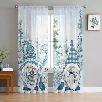 Рождественский гном Снежинка Снежная ферма Прозрачные шторы для гостиной Украшения Оконные шторы Кухонные шторы Тюль Вуаль W135 x H115cm x1