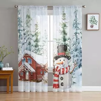 Рождественский гном Снежинка Снежная ферма Прозрачные шторы для гостиной Украшения Оконные шторы Кухонные шторы Тюль Вуаль W135 x H115cm x1