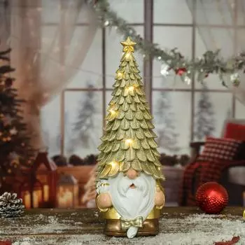 Рождественский гном светящаяся статуя, украшение на рождественскую елку из смолы, праздничные сцены, настольные украшения, без батареек One Size золотой