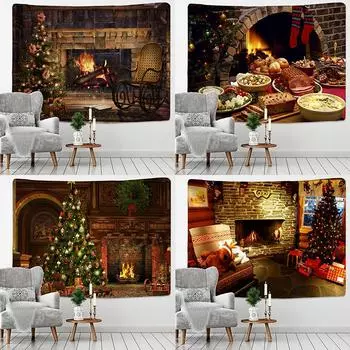 Рождественский гобелен, Рождественская елка и камин, уютный домашний настенный фон, украшение для дома, комнаты, подарок 100x75cm