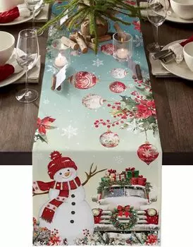 Рождественский грузовик со снеговиком Цветы пуансеттии Льняная дорожка для стола Декор для вечеринки Зимние снежинки Дорожки для стола Рождественские украшения 150x33cm 59x13inch