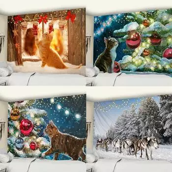 Рождественский художественный настенный гобелен Рождественская елка и кошка Рождественское животное Новогодняя вечеринка Лось Йога Одеяло 100x75cm