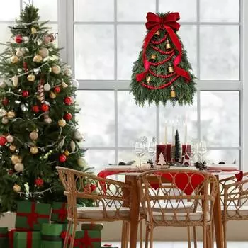 Рождественский искусственный венок из сосны, зеленый искусственный венок из сосны с колокольчиком и бантом для праздничного декора входной двери, стены, окна, каминной доски B