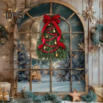 Рождественский искусственный венок из сосны, зеленый искусственный венок из сосны с колокольчиком и бантом для праздничного декора входной двери, стены, окна, каминной доски B