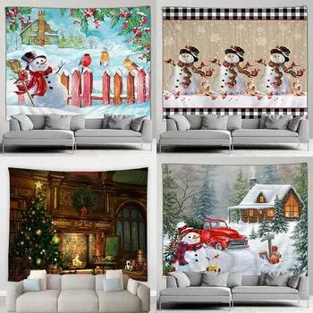 Рождественский камин, большой гобелен, рождественская елка, снеговик, мультяшный кот, ночь, звездное небо, настенное одеяло, фреска 100x75cm
