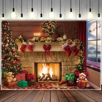 Рождественский камин, полиэстер, фон для фотосъемки, зимнее рождественское окно, снежинка, фон, подарок, елочный носок, олень, украшения для Санта-вечеринки W100*L75cm
