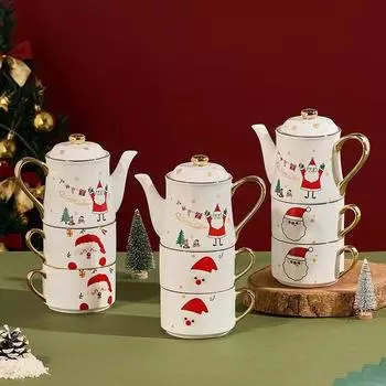 Рождественский керамический кофейник и кружка с подарочной коробкой Санта-Клаус Чайная утварь Чайник с позолоченной ручкой Рождественский подарок Декор для дома