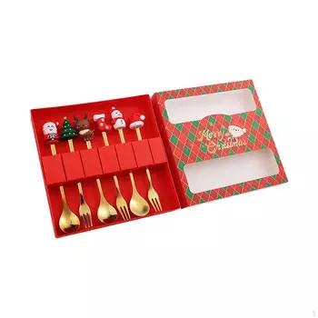 Рождественский кофейный сервиз из 6 предметов, столовые приборы, кондитерские вилки и чайные ложки из нержавеющей стали для вечеринки Red Box