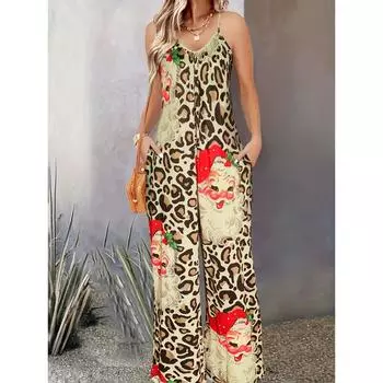 Рождественский комбинезон на тонких бретельках с принтом Санты, праздничный комбинезон без рукавов с широкими штанинами и двумя карманами на весну и лето S